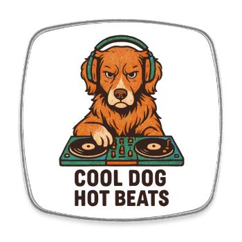DJ Toller: Cool Dog - Hot Beats Retro Retriever - Viereckiger Kühlschrankmagnet - Weiß - Vorne