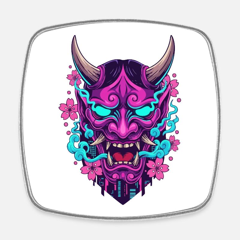 Floral Neon Demon Mask - Square fridge magnet - white