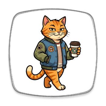Cat barista in denim jacket - Square fridge magnet - white - Front