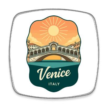 Venice Rialto Bridge Vintage-Sonnenuntergangsabzeichen - Viereckiger Kühlschrankmagnet - Weiß - Vorne