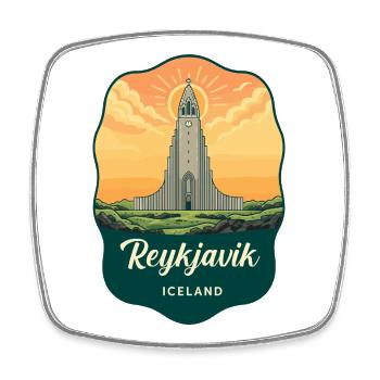 Reykjavik Island Retro Sonnenuntergangsabzeichen - Viereckiger Kühlschrankmagnet - Weiß - Vorne