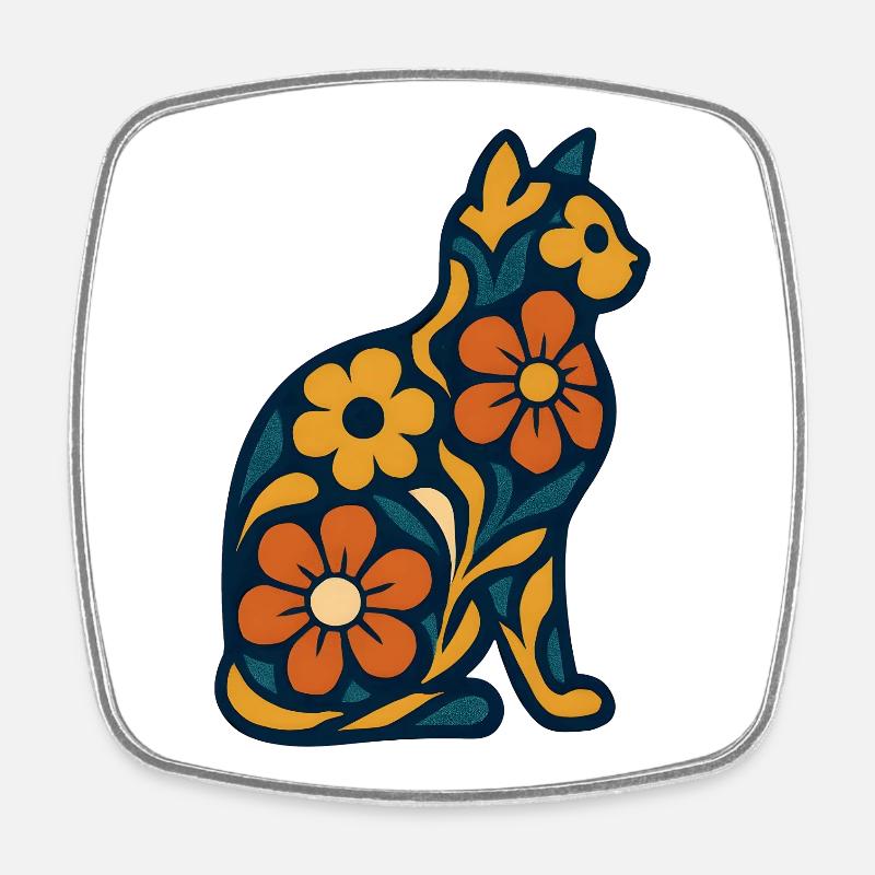 Flower cat in midnight blue - Square fridge magnet - white