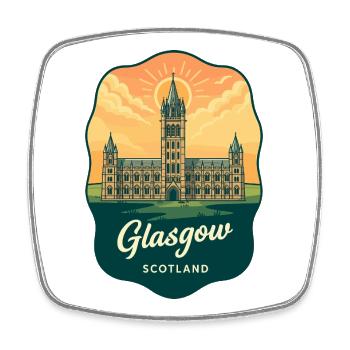 Badge de voyage Retro Sunset de Glasgow, Écosse - Magnet carré - blanc - Devant