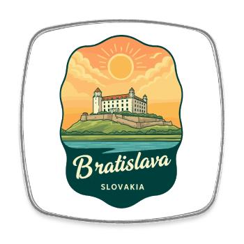 Bratislava Castle Retro Sunset Travel Badge - Square fridge magnet - white - Front