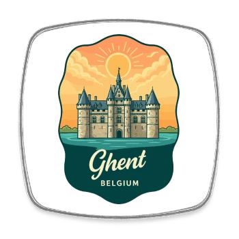 Retro-Sonnenuntergangsabzeichen des Schlosses Gravensteen Gent - Viereckiger Kühlschrankmagnet - Weiß - Vorne