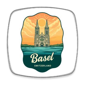 Basel Minster Retro Sunset Travel Badge - Square fridge magnet - white - Front