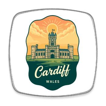 Cardiff Wales Retro Sunset Reiseabzeichen - Viereckiger Kühlschrankmagnet - Weiß - Vorne