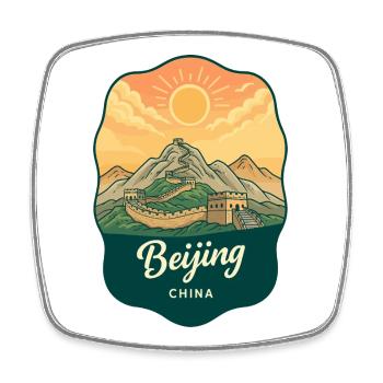 Pekinger Große Mauer Retro-Sonnenuntergangs-Reiseabzeichen - Viereckiger Kühlschrankmagnet - Weiß - Vorne