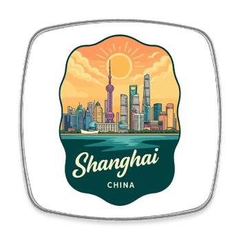 Shanghai Oriental Pearl Retro Sonnenuntergangsabzeichen - Viereckiger Kühlschrankmagnet - Weiß - Vorne