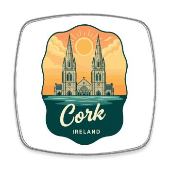Cork Ireland Retro Sonnenuntergangs-Reiseabzeichen - Viereckiger Kühlschrankmagnet - Weiß - Vorne