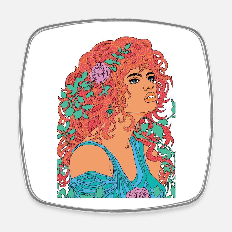 Red Nymph Psychedelic Pop Floral Portrait - Square fridge magnet - white