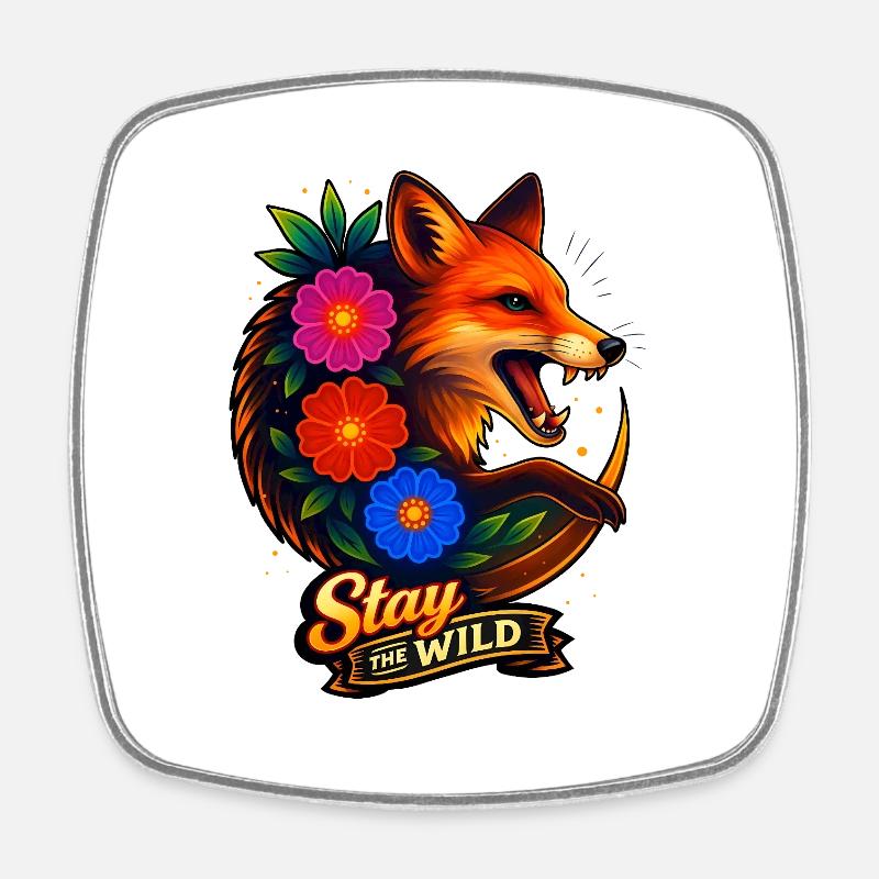 Renard aux fleurs Reste sauvage - Magnet carré - blanc