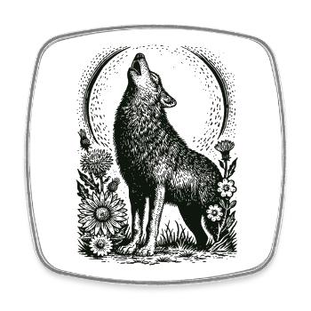 Howling Wolf in Floral Circular Frame - Square fridge magnet - white - Front