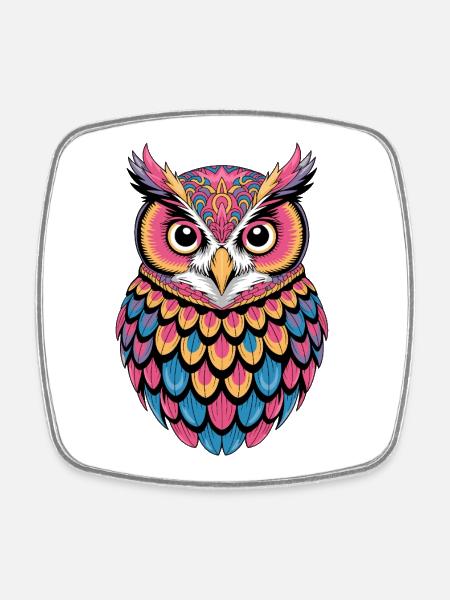 Vibrant Owl Psychedelic Mosaic - Square fridge magnet - white