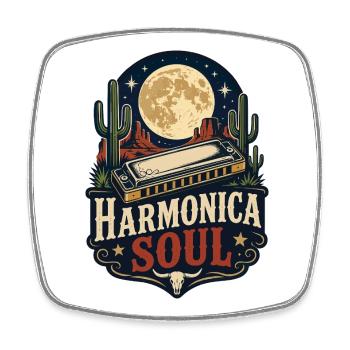 Instrument : Harmonica, musique western soul - Magnet carré - blanc - Devant