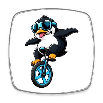 Cool Penguin on Unicycle Funny Comic - Square fridge magnet - white - Front
