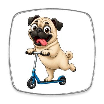 Carlin, trottinette, trottinette, dessin animé drôle - Magnet carré - blanc - Devant