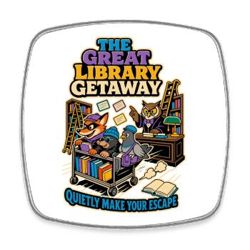 The Great Library Getaway – Books Humor - Square fridge magnet - white - Front