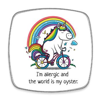 Unicorn on a bike with the slogan "allergic" - Square fridge magnet - white - Front