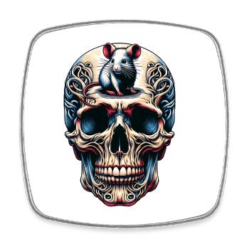 Bunter Skull mit süßer kleiner Maus auf der Stirn - Viereckiger Kühlschrankmagnet - Weiß - Vorne