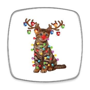 Christmas Toyger Cat In Santa Hat & Xmas Lights - Square fridge magnet - white - Front
