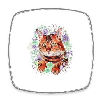 Bengalkatze (Bengal) Katze mit Blumen - Aquarell - Viereckiger Kühlschrankmagnet - Weiß - Vorne
