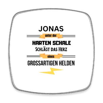 Jonas unter harte Schale eines Großartigen Helden - Viereckiger Kühlschrankmagnet - Weiß - Vorne