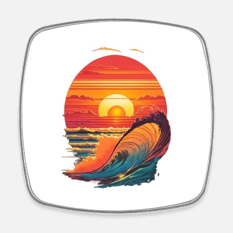 retro sunset and waves - Magnet carré - blanc