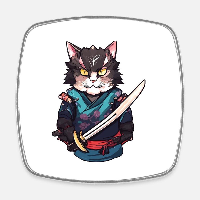 Samurai Cat #12 - Square fridge magnet - white