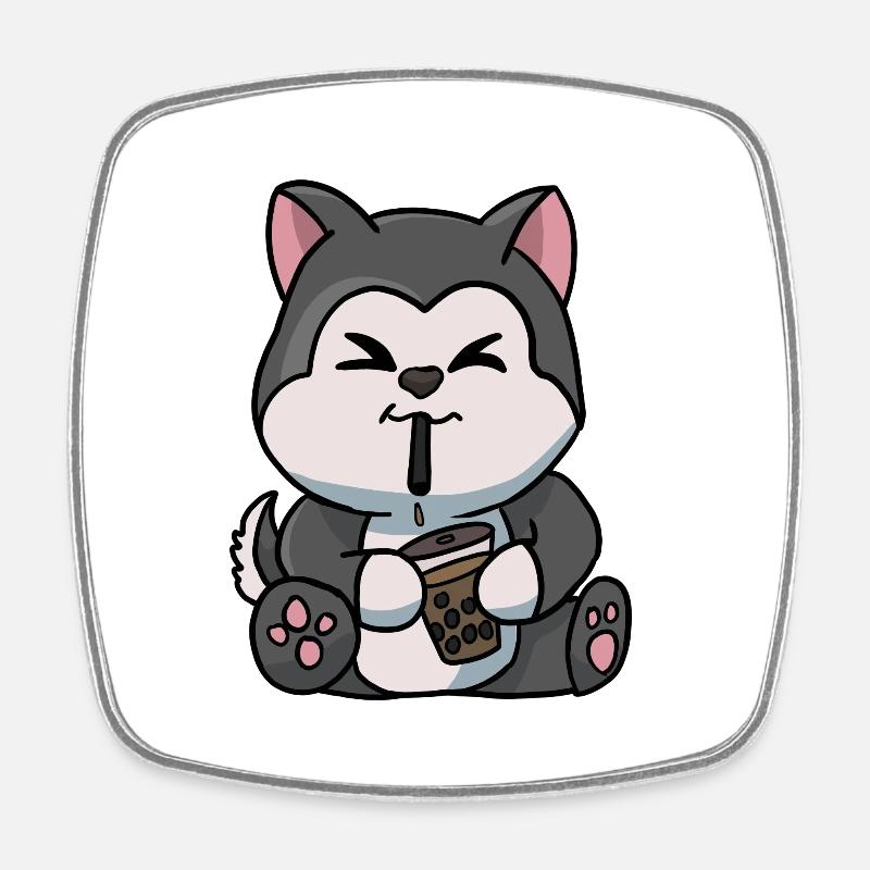 Anime Kawaii Bubble Tea Drinking Husky Hand Drawn - Square fridge magnet - white