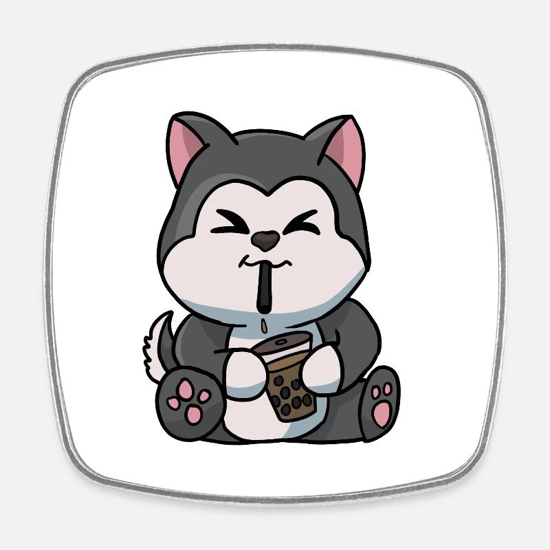 Anime Kawaii Bubble Tea Drinking Husky Hand Drawn - Square fridge magnet - white