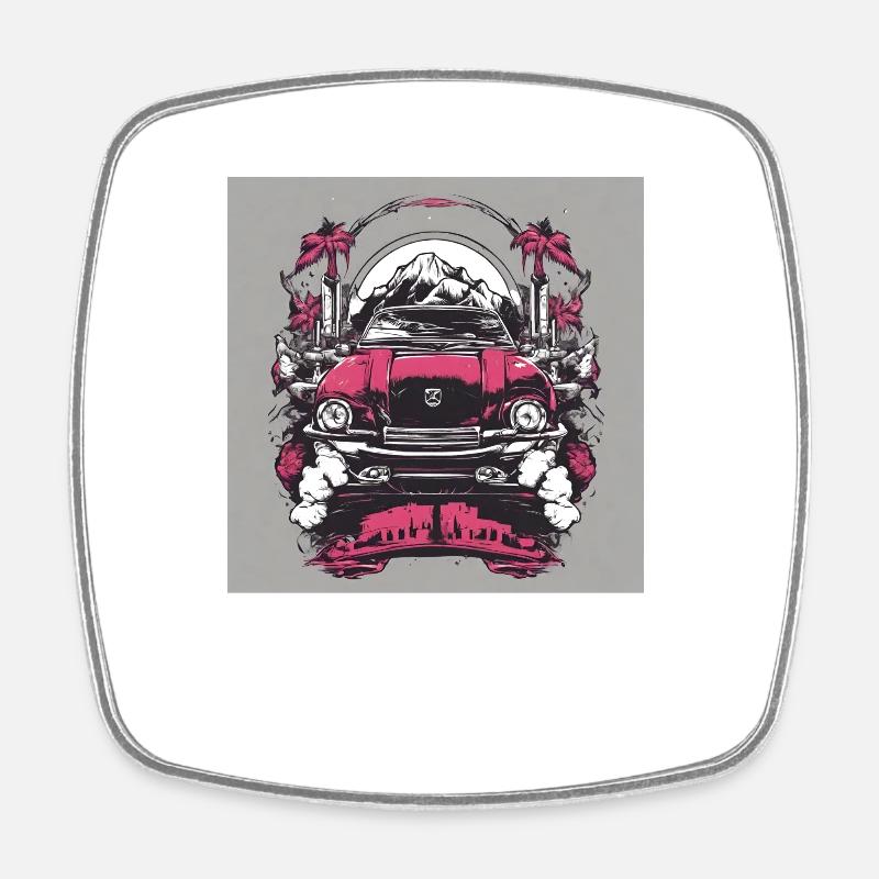 Pinkes Auto - Viereckiger Kühlschrankmagnet - Weiß