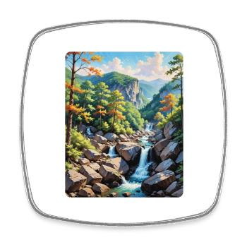 Serene Mountain Waterfall Landscape - Square fridge magnet - white - Front