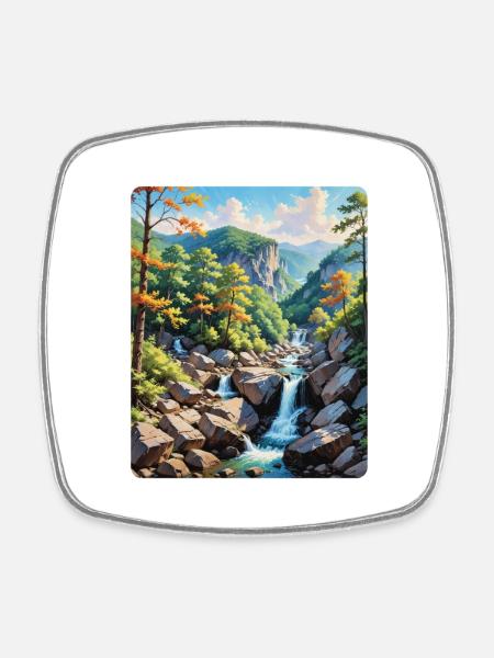 Ruhige Berg-Wasserfall-Landschaft - Viereckiger Kühlschrankmagnet - Weiß