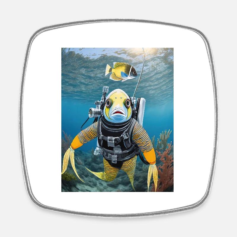 Fish in a diving suit 3 - Square fridge magnet - white