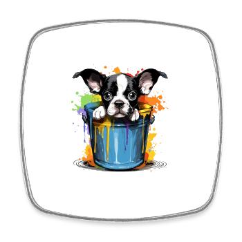 Boston Terrier Niedlicher Hund Farbeimer - Viereckiger Kühlschrankmagnet - Weiß - Vorne