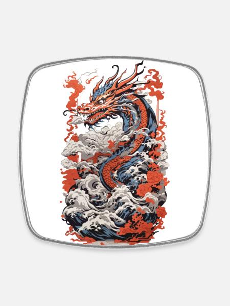 Dragon esthétique japonais Ukiyo-E Wave Design - Magnet carré - blanc