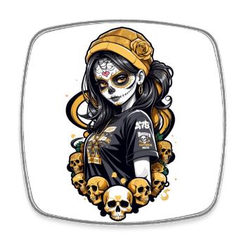 Sugar Skull Girl with Yellow Hat and Skulls - Square fridge magnet - white - Front