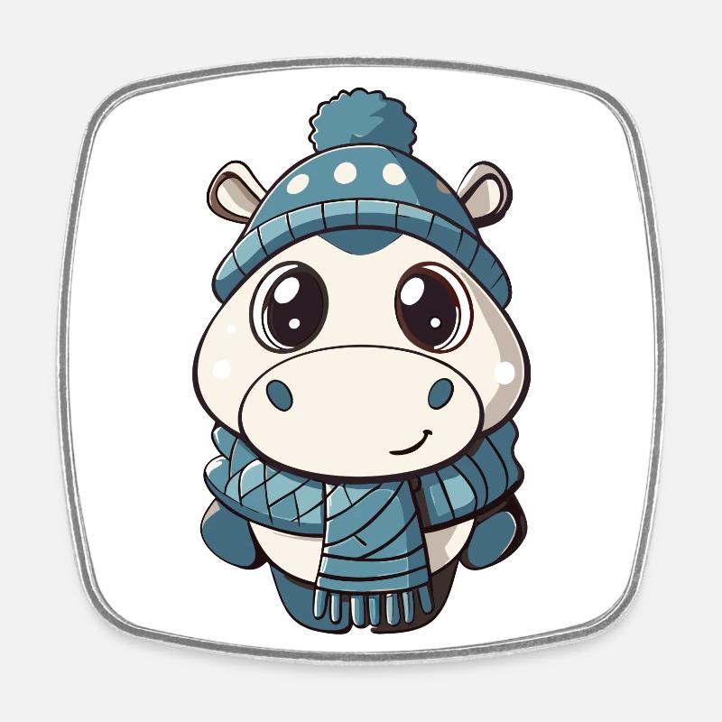 Cute hippo with scarf and bobble hat. - Square fridge magnet - white
