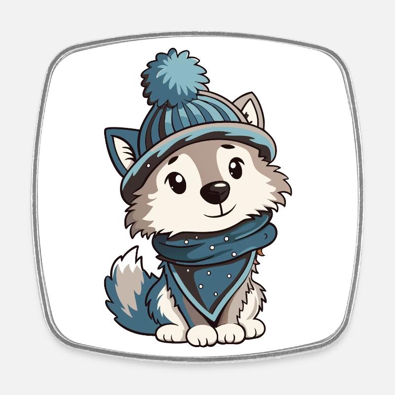 Loup mignon avec écharpe et chapeau à pompon. - Magnet carré - blanc