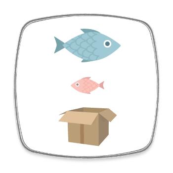 Gros poisson, petit poisson, boîte en carton - Magnet carré - blanc - Devant