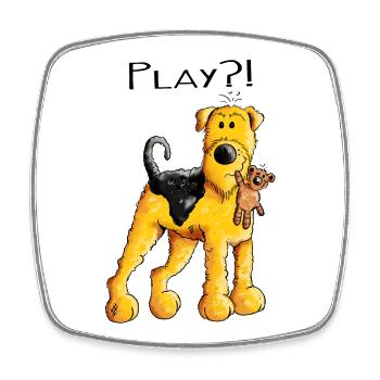 Play Airedale Terrier mit Teddy - Comic - Fun - Viereckiger Kühlschrankmagnet - Weiß - Vorne