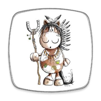 Chef Cheval avec des plumes indiennes - Magnet carré - blanc - Devant