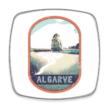 Retro-Abzeichen, Algarve Portugal, Strand Sommersonne - Viereckiger Kühlschrankmagnet - Weiß - Vorne