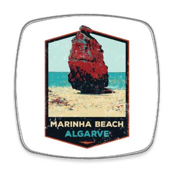 Retro-Abzeichen, Algarve Portugal, Strand Sommersonne - Viereckiger Kühlschrankmagnet - Weiß - Vorne