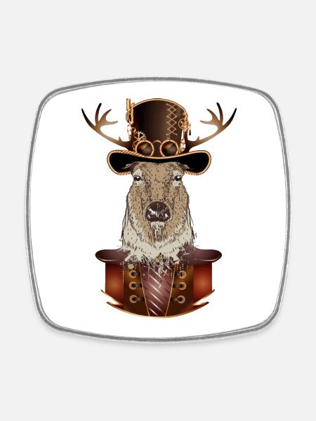 Cerf steampunk avec chapeau cylindre antique - Magnet carré - blanc