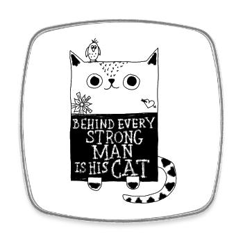 behind every strong man is his cat...  - Viereckiger Kühlschrankmagnet - Weiß - Vorne