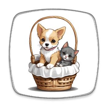 Cute dog and cat in basket - Square fridge magnet - white - Front