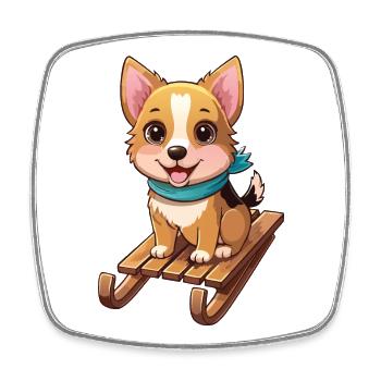Funny dog with sled - Square fridge magnet - white - Front