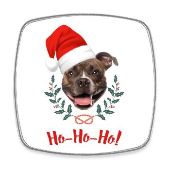 Tête de staffie bringé avec bonnet de père Noël - Magnet carré - blanc - Devant